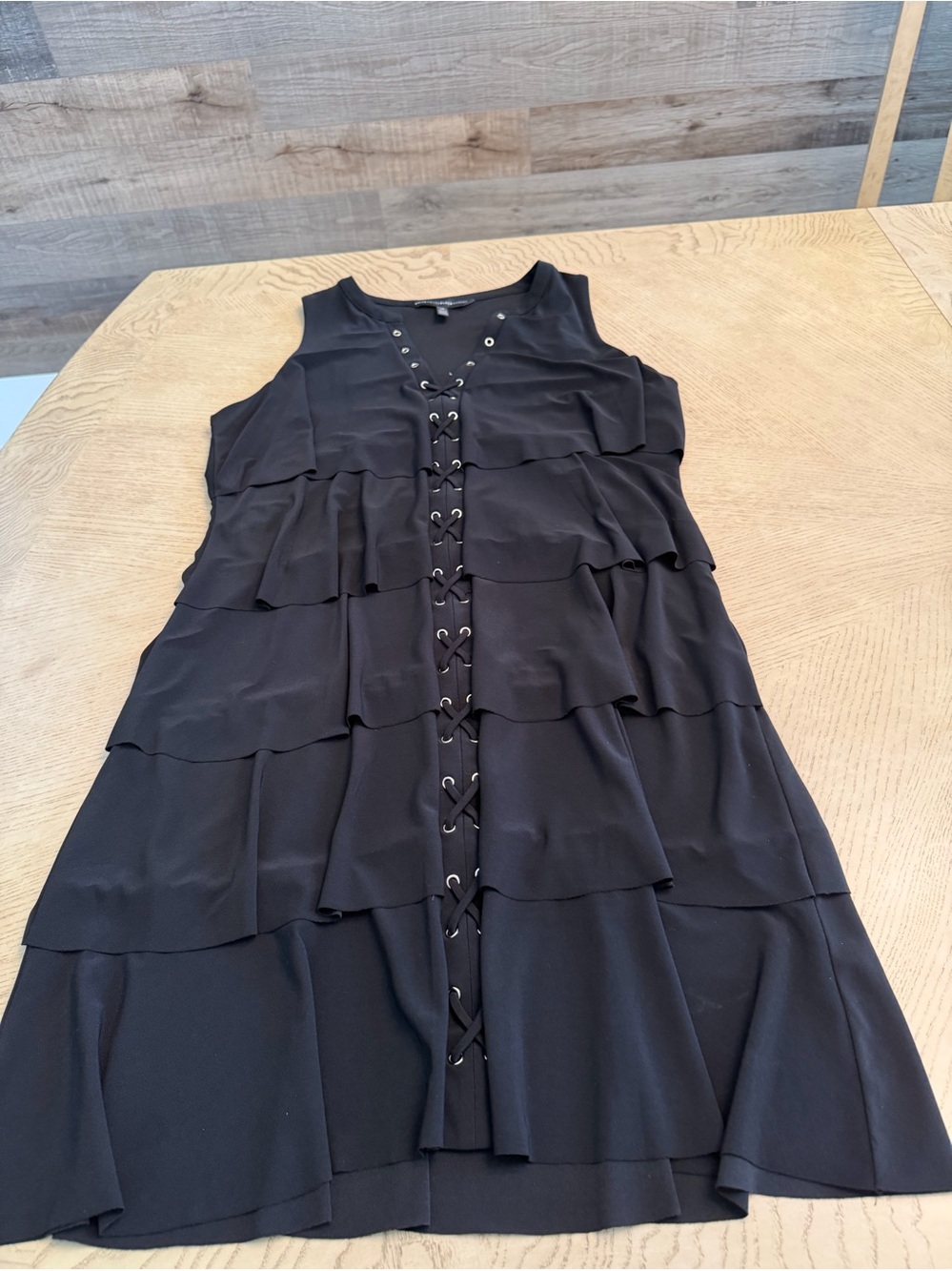 White House Black Market Black V Neck Mini Tiered Laced Up Sleeveless Dress - M